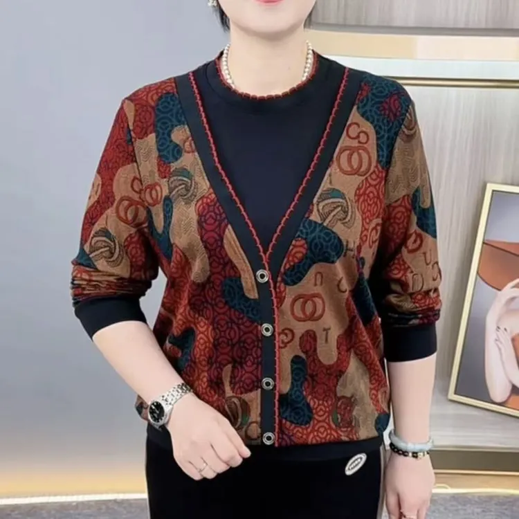 秋季新款时尚圆领洋气假两件气质妈妈装休闲百搭长袖上衣H8807-2