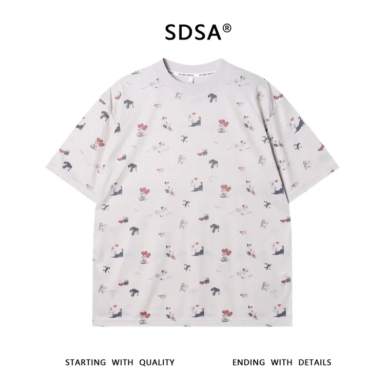 夏季高级感新款潮牌小狗小猫印花短袖T恤潮流时尚宽松圆领上衣