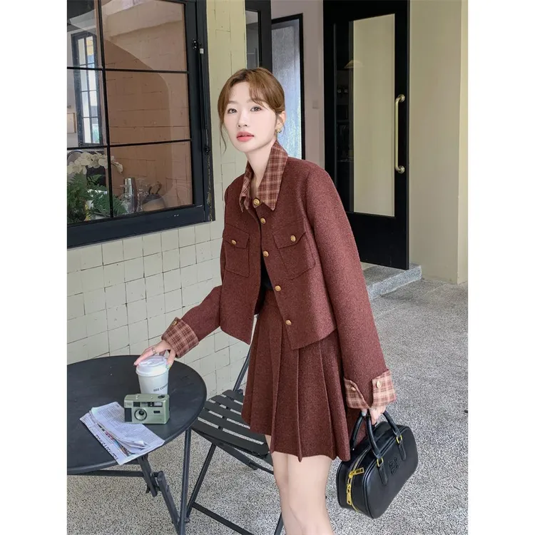 安可拉红小香风毛呢套装裙女春秋高级感大方得体小个子时髦洋气