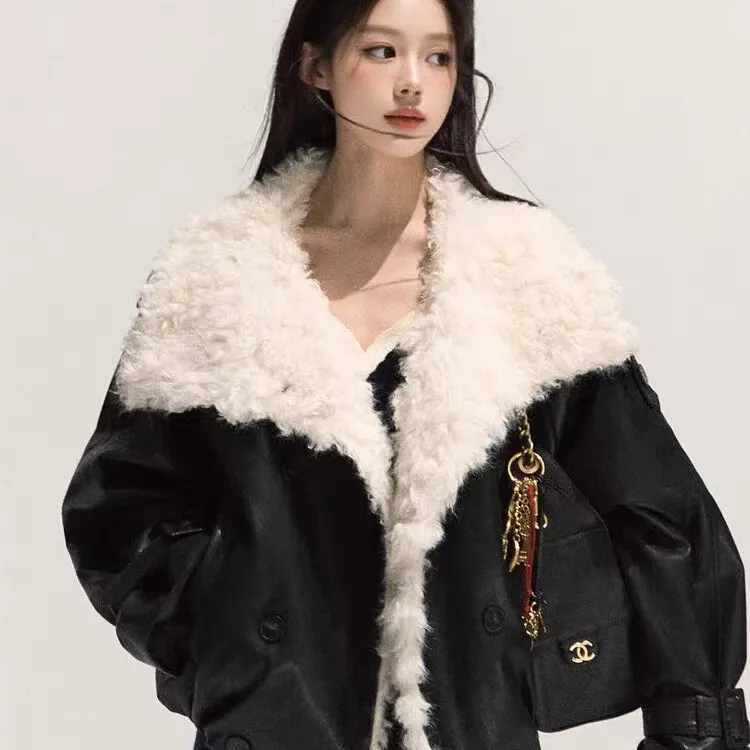 La Chapelle/拉夏贝尔秋冬款外套上衣皮衣翻领新款冬季宽松环保加