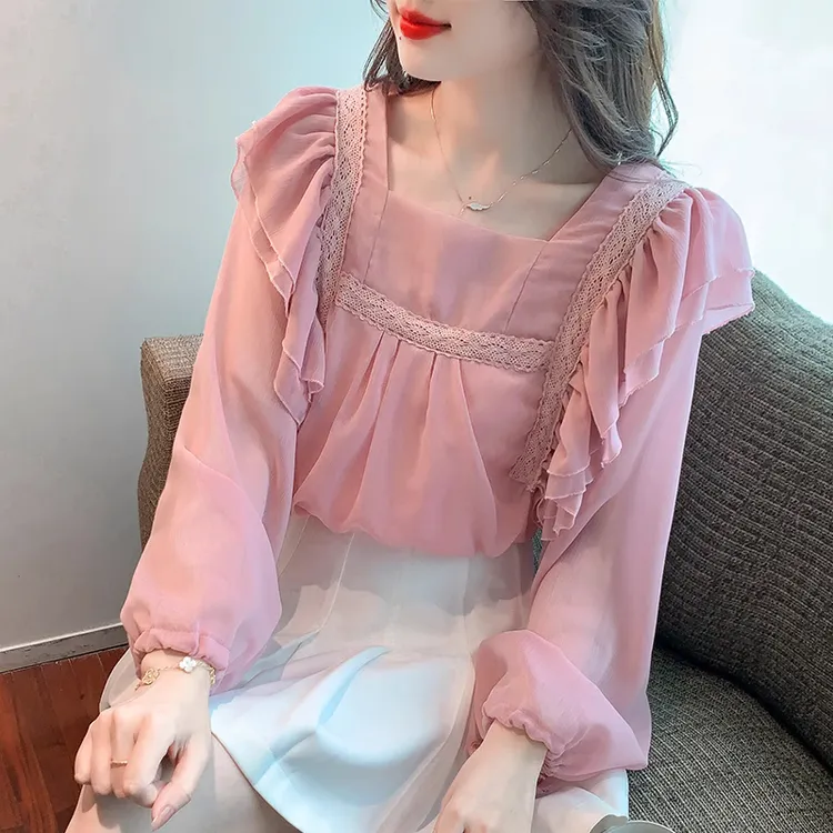 韩系荷叶边方领雪纺衫女2025年春季新款别致漂亮小衫气质长袖上衣