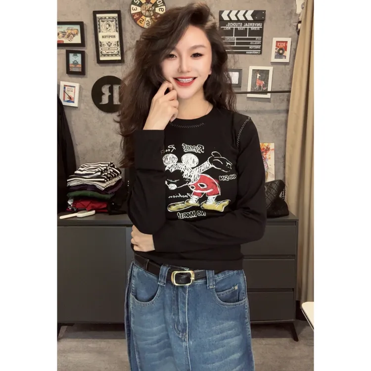 卡通米奇印花长袖棉T恤女修身显瘦柔软舒适休闲圆领上衣