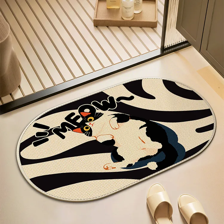 可爱猫咪浴室脚垫家用亚麻编织地垫卫浴卫生间速干脚垫洗手间地毯