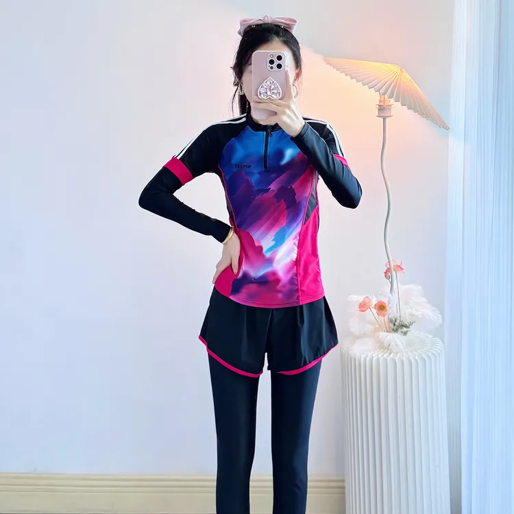 运动分体泳衣女长袖防晒显瘦遮肉保守微胖大码游泳装泡温泉冲浪服