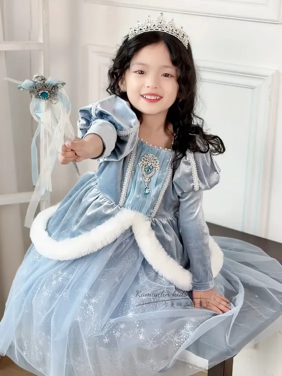 【现货】爱莎公主裙女童裙子秋冬加绒斗篷3-6生日礼服长款艾莎裙子