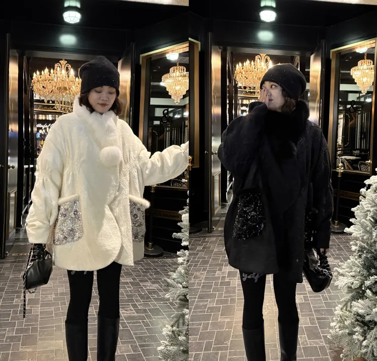 YDFSTUDIO小众【初雪神颜】欧货高品重工亮片拼接设计时尚羽绒外套