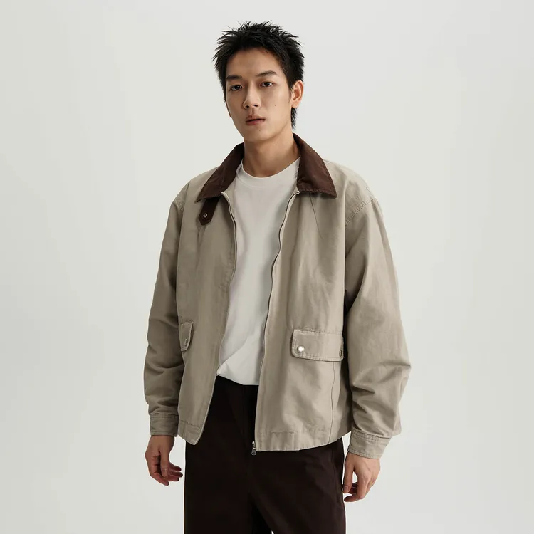 AWT25AW 水洗做旧撞色翻领底特律夹克拉链短款外套男女