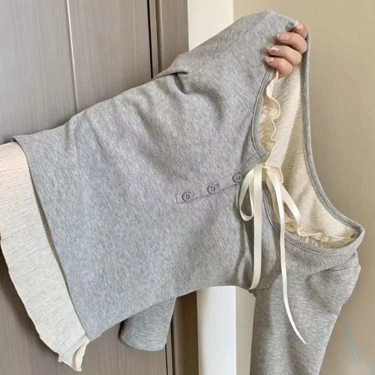 韩系假两件系带长袖t恤女春秋冬新款甜辣妹内搭打底衫短款上衣