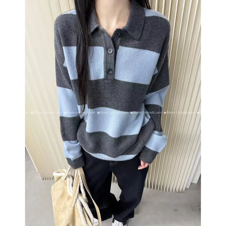 PCNY不理理“游吟诗人”撞色宽条纹POLO领山羊绒绵羊毛针织衫