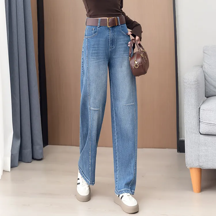 拉夏贝尔百搭宽松牛仔弯刀裤女2025春秋季高腰显瘦气质窄版阔腿裤
