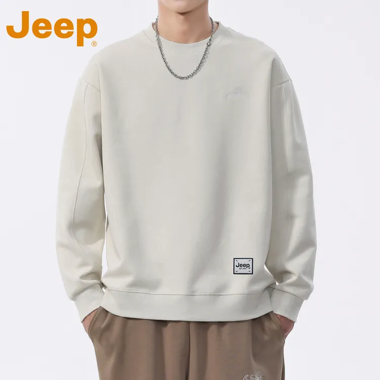 JEEP吉普杏色重磅圆领套头卫衣男士早秋季宽松休闲长袖打底上衣服