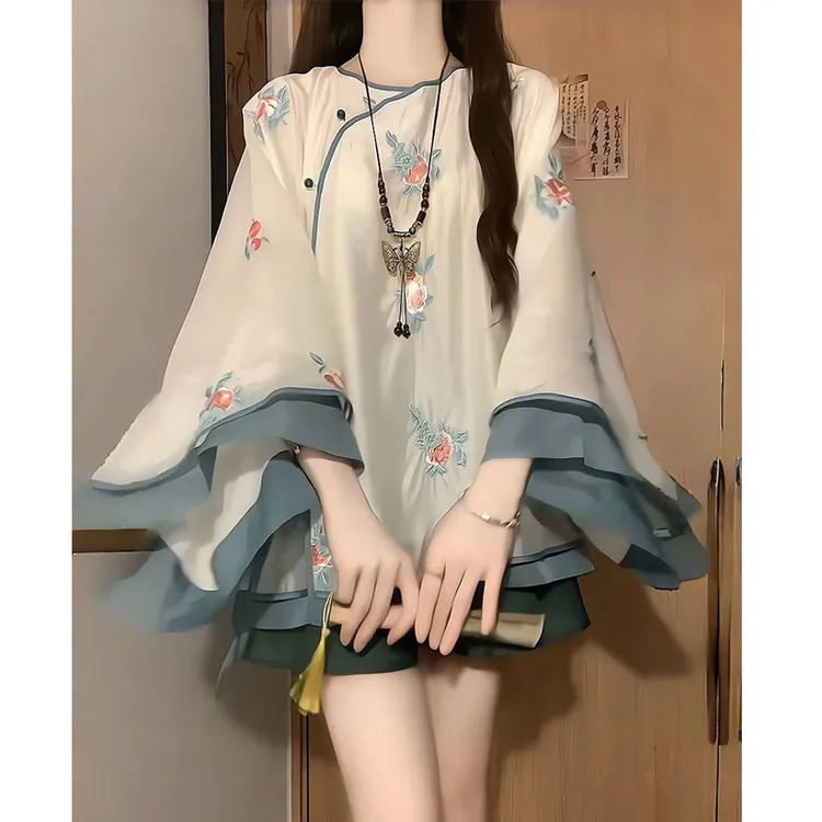 二目白花隐蓝新中式国风斜襟圆领上衣古典仙气俏皮大摆短裙套装潮