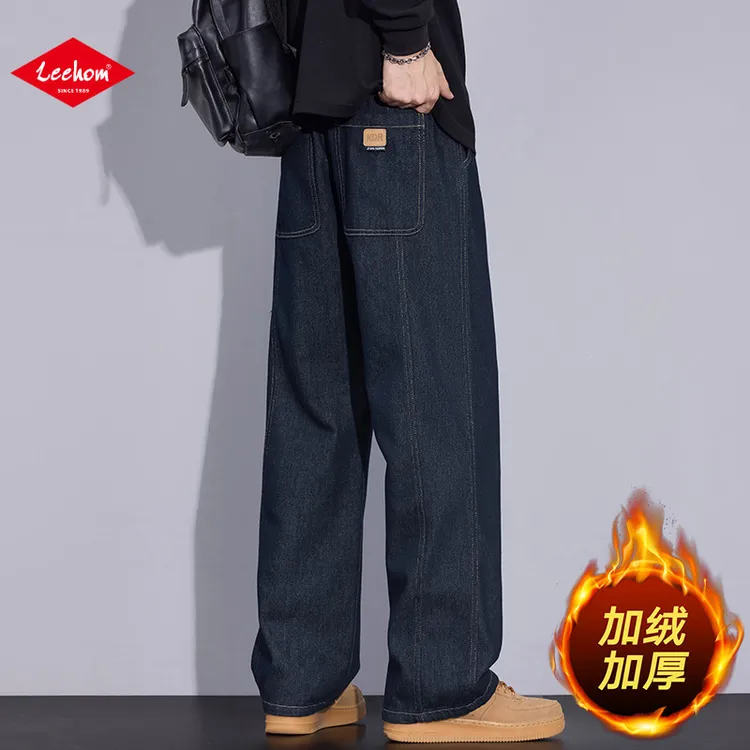 LEEHOM新款美式原牛不褪色男士秋冬潮牌百搭宽松直筒加绒牛仔裤子商品图