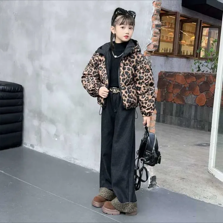 女童豹纹棉服冬季大童两面穿面包服保暖洋气连帽网红棉衣棉袄冬装