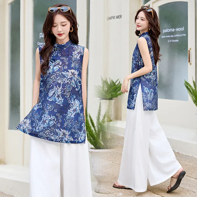 新中式国风印花无袖套装女2025夏季新款复古盘扣宽松阔腿裤两件套