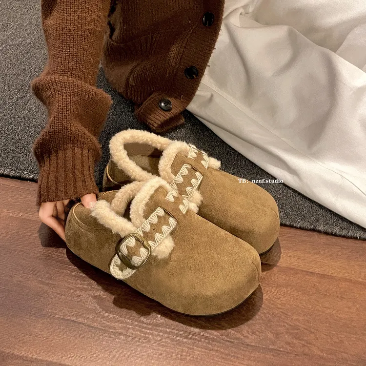 南在南方复古棕色厚底加绒棉鞋女款2025新款冬季保暖勃肯毛毛鞋子