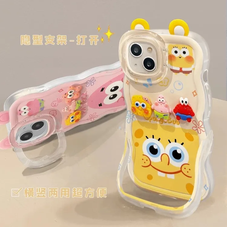 欧克里里龇牙海绵宝宝立体耳朵适用苹果16板凳手机壳华为vivo小米