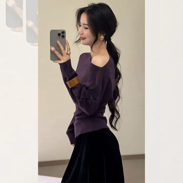 韩系早秋穿搭上衣小众不撞款轻奢高级感御姐风紫色斜肩收腰针织衫