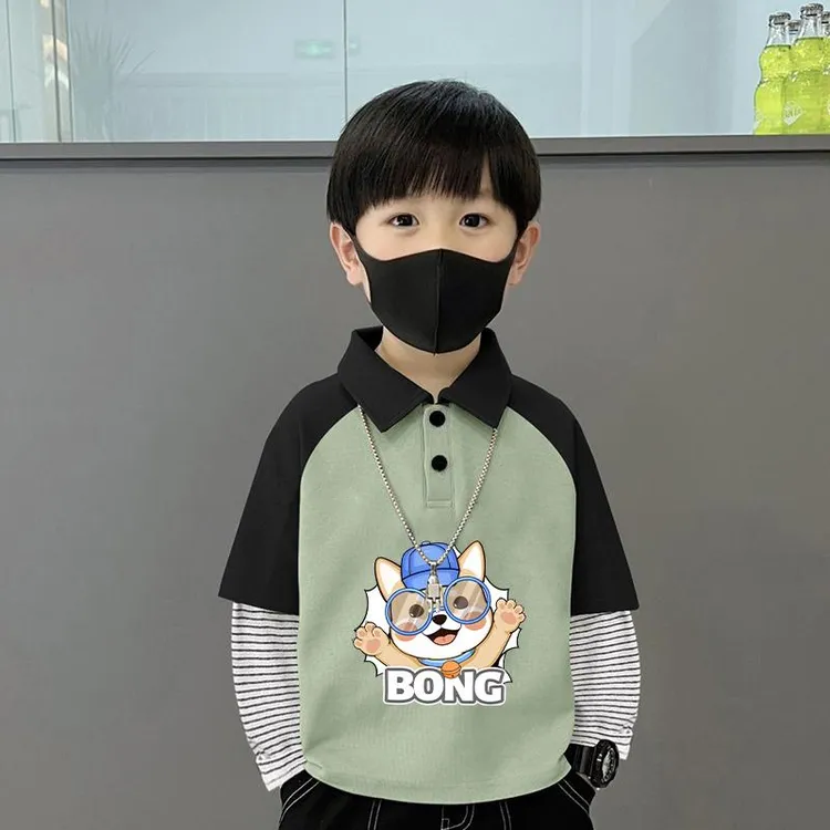 100%纯棉中大童长袖男童宝宝时髦休闲翻领假两件条纹打底衫上衣潮