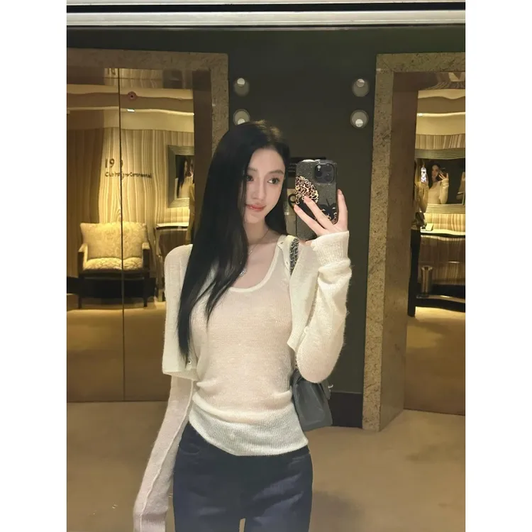 韩系设计感小众气质白色短款针织开衫纯欲修身工字内搭背心两件套