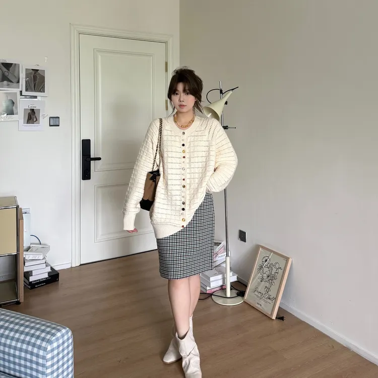 晶咕软软【彩虹豆】复古慵懒风秋季彩色扣子镂空针织毛衣开衫