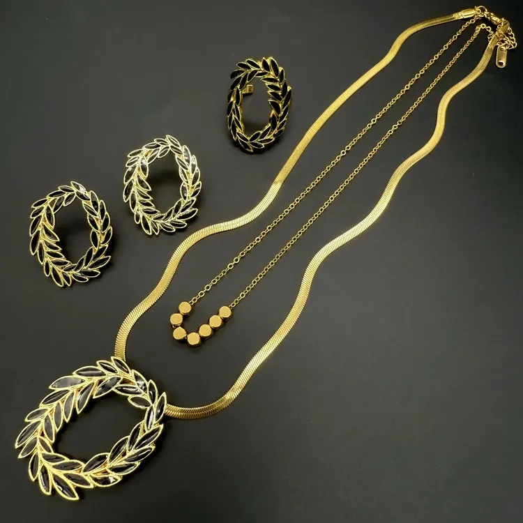 不锈钢项链 小众饰品钛钢项链链条长款黑色麦穗款双层链首饰套装