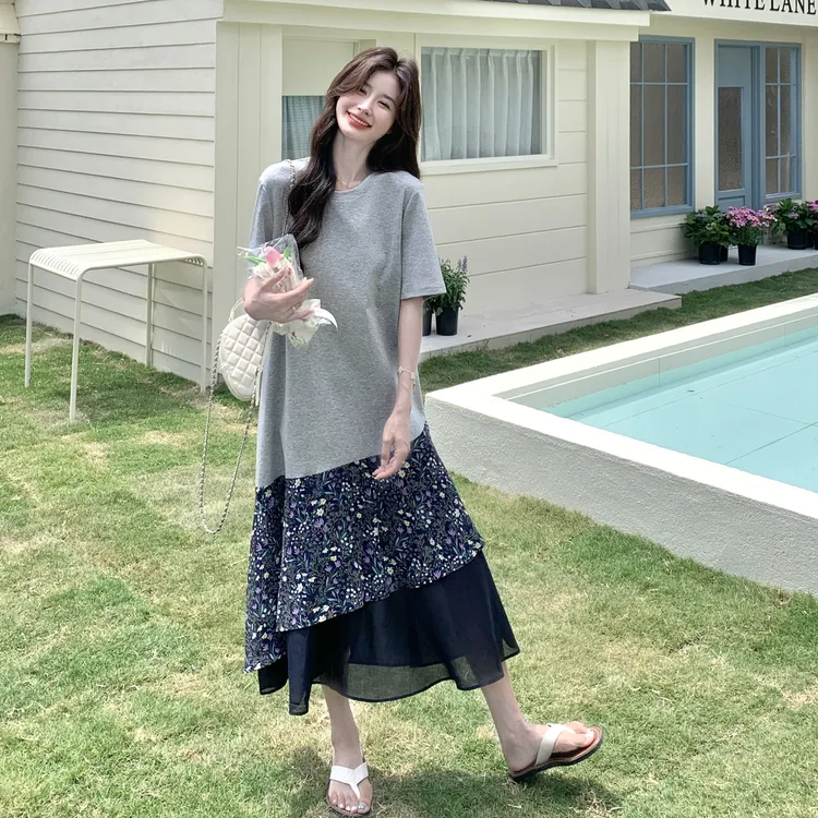  花色蕾丝拼接连衣裙