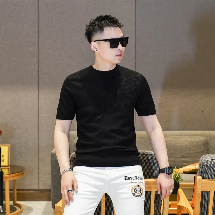 2025春秋新款圆领桑蚕丝混纺针织短袖T恤男提花欧货高端潮88138