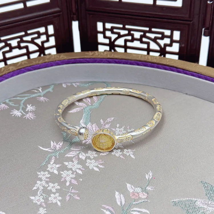 足银手镯 银9999描金黄财神吉言手镯招财送老婆女友礼物开口手镯