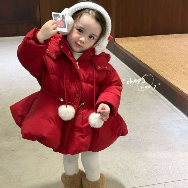 橙小七 （现货）2025冬季新款韩版红色花苞裙摆中长款连帽