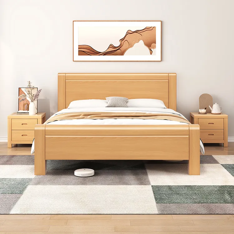 榉木实木床现代简约床成人双人主卧床储物床全实木简约大床经济型
