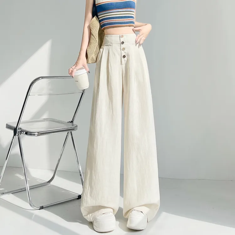 天丝亚麻薄款高腰阔腿休闲裤女夏季垂感时尚大码阔腿拖地裤女5281