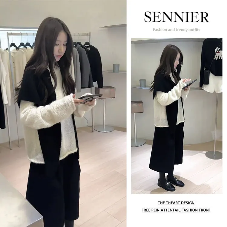 秋冬搭一整套2025新款百搭披肩纯色长袖针织衫显瘦阔腿裤两件套女