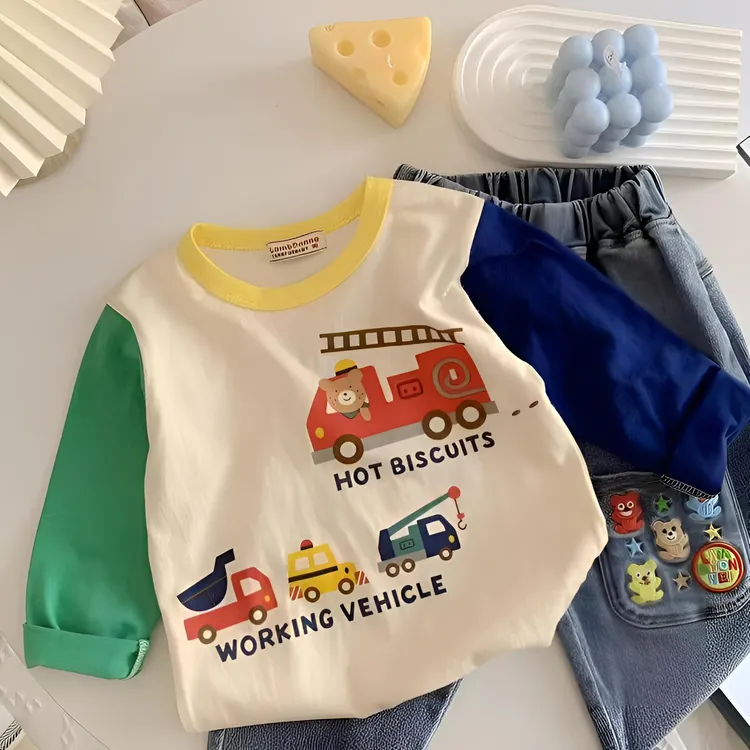 男童长袖T恤 秋季新款儿童卡通工程车印花洋气打底衫宝宝圆领上衣