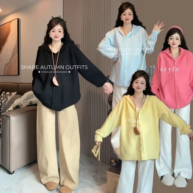 2025新款慵懒风宽松胖MM连帽开衫女洋气大码百搭毛衣18-881