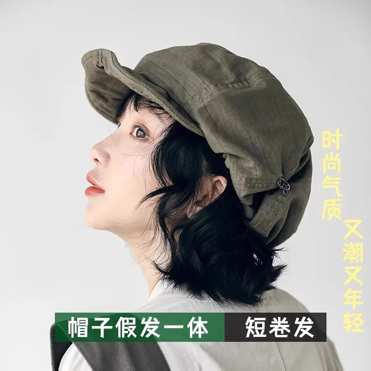 假发帽子发帽一体短卷发文艺女复古画家贝雷羊毛短发全头套新款24
