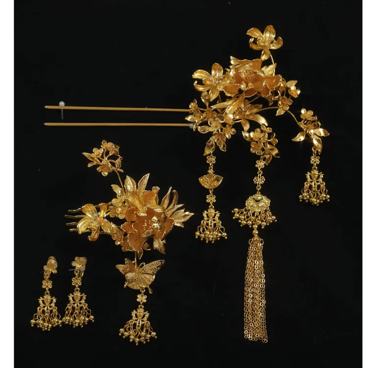 ete新娘饰品金色立体牡丹対簪精致奢华百搭秀禾龙凤褂配饰12413