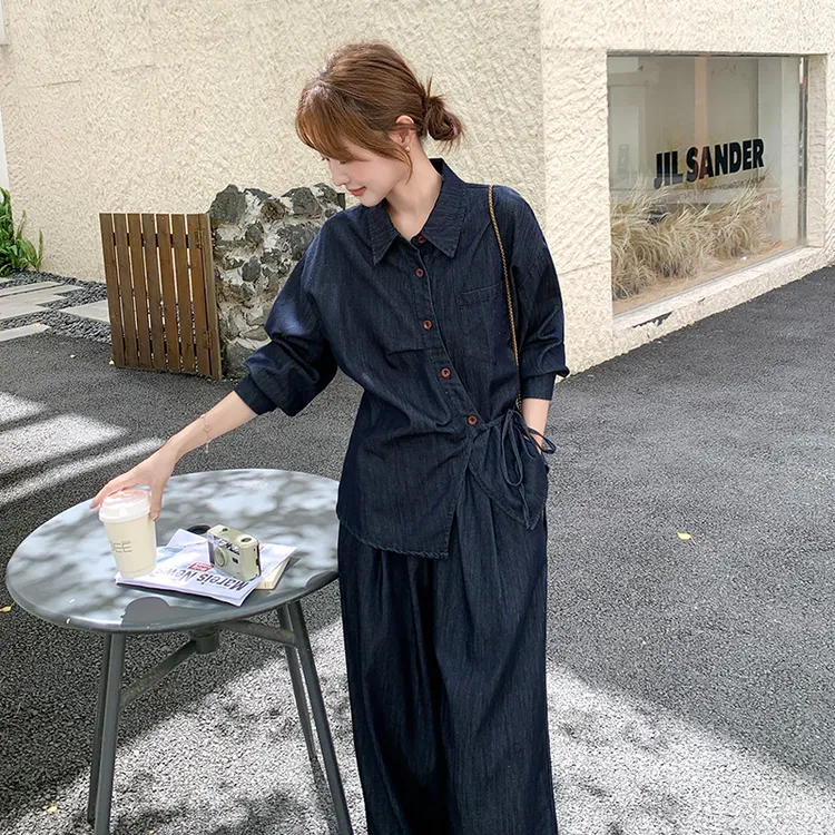 韩系休闲又酷又飒牛仔套装女2025秋季新款不规则衬衫阔腿裤两件套