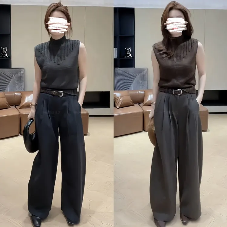 2025秋季新款韩版时尚半高领打底针织无袖上衣气质高腰阔腿裤套装