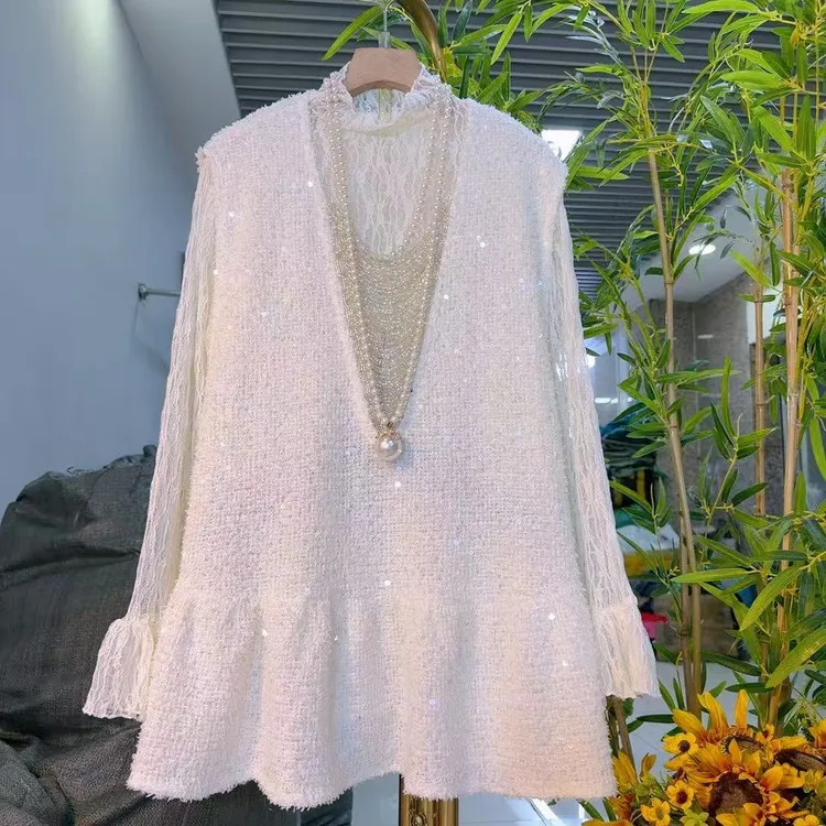 欧货时尚亮片马甲小香风搭配蕾丝衫套装爱美欧韩时髦6575