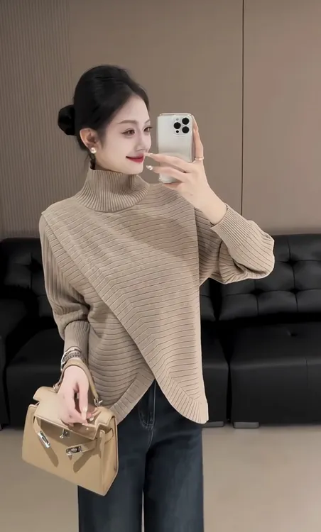 独特漂亮不规则设计感针织衫毛衣女秋冬2025新款秋冬高领打底上衣