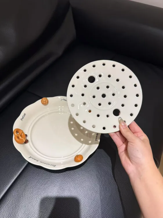 ININHOME碱水包沥水饺子盘陶瓷深盘家用菜盘双层水饺釉下彩YM