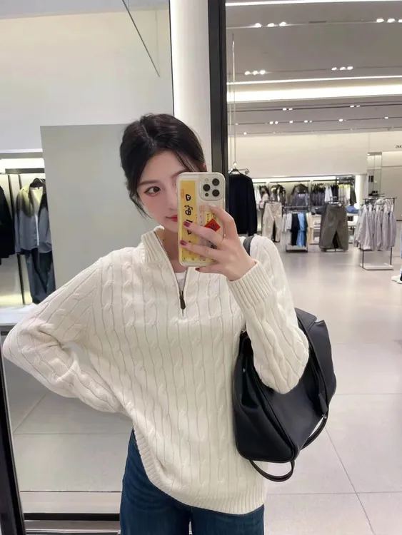 秋冬小马刺绣浮雕麻花绞花针织半拉链纯色男女同款慵懒毛衣休闲2