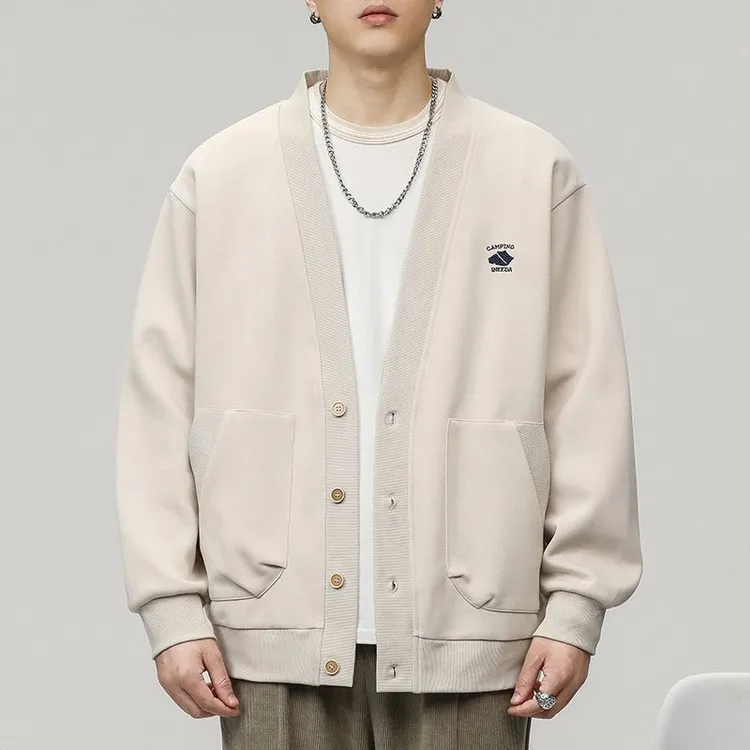 春秋季新款潮牌印花时尚长袖卫衣男士休闲百搭V领宽松开衫外套