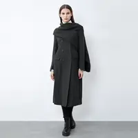 圣迪奥女装双排扣披肩围巾两件毛呢黑色厚大衣S21481833