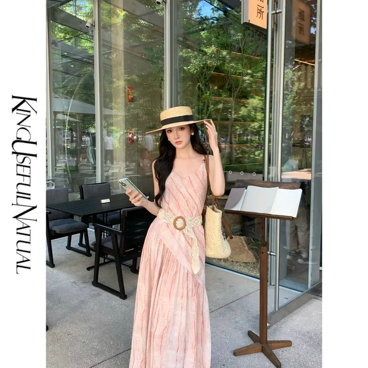 KUN【海漾夏日】桔调灰粉 定染色条纹印花不规则斜裁拼接吊带连衣裙
