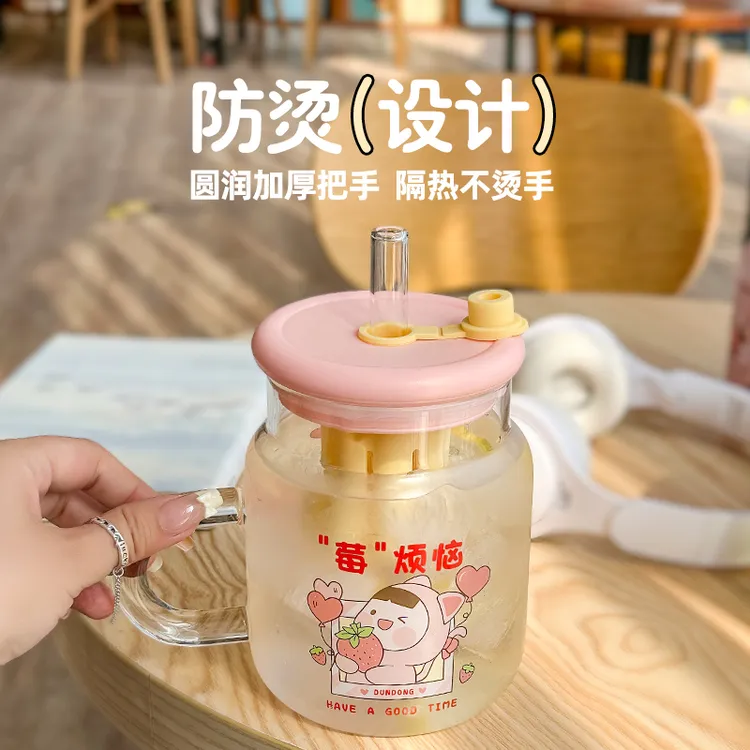 透明少女风小清新玻璃耐高温玻璃杯带盖防烫可爱防摔牛奶杯网红