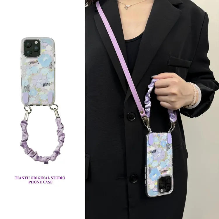 文艺涂鸦紫色花朵猫咪适用iphone16pro手机壳苹果15promax防摔14