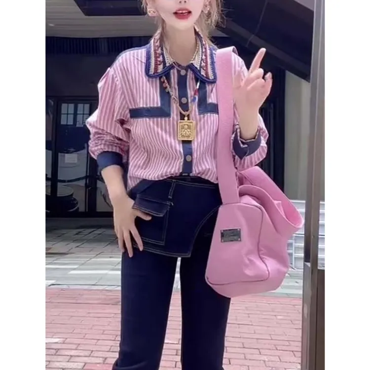 韩版设计感翻领单排扣粉色衬衫女2025年小众独特别致超好看上衣女