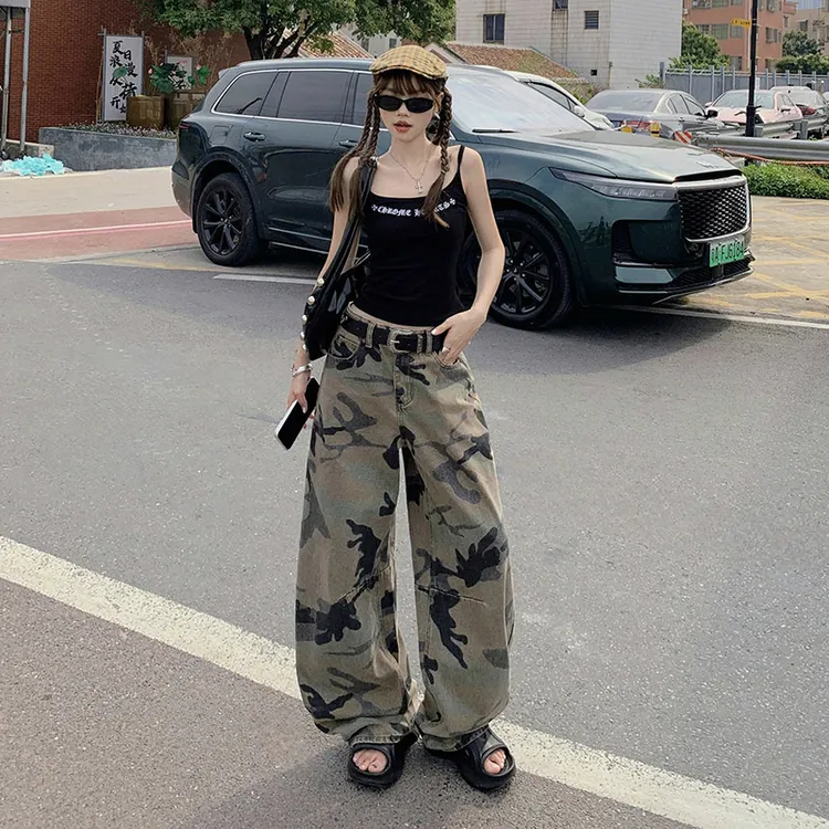 2025夏季新款迷彩弯刀拖地裤梨形高腰宽松显瘦潮流阔腿牛仔裤女款